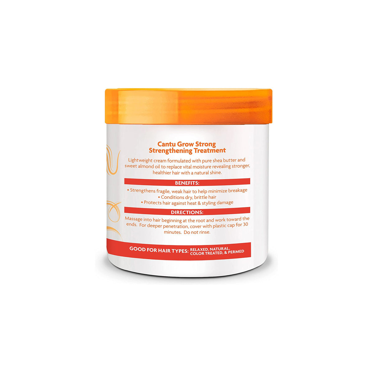 The back of a white container with an orange lid containing Cantu Shea Butter Grow Strong Strengthening Treatment.