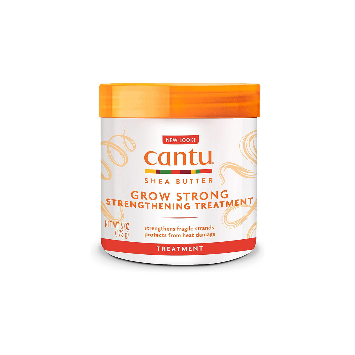 White container with orange lid containing Cantu Shea Butter Grow Strong Strengthening Treatment.