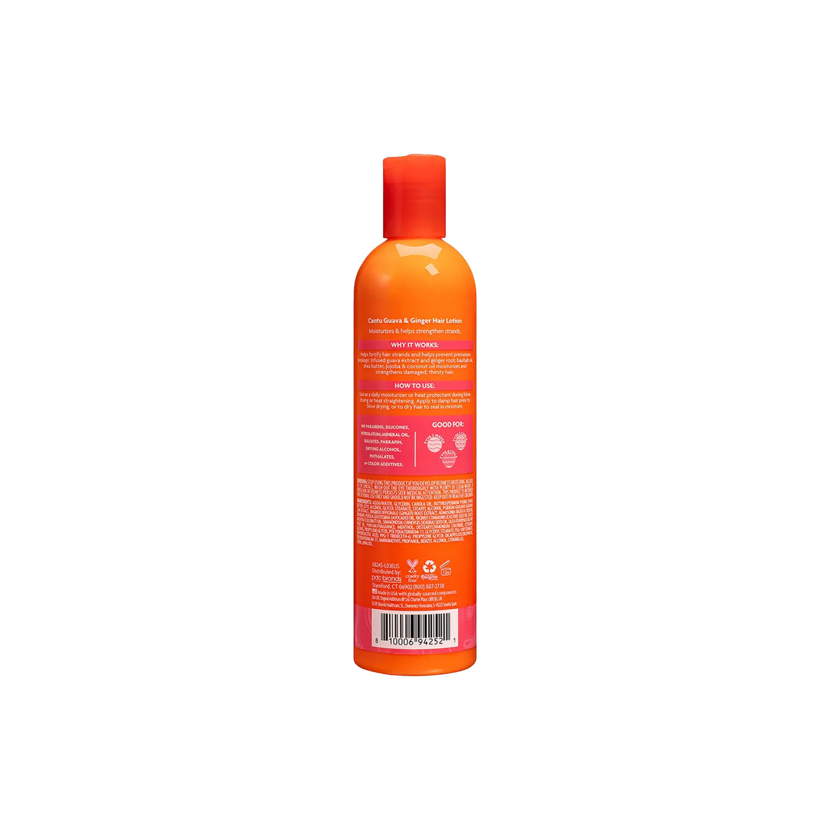The back of an orange bottle with a red top containing Cantu Guava & Ginger Baobab Oil Daily Hair Lotion.