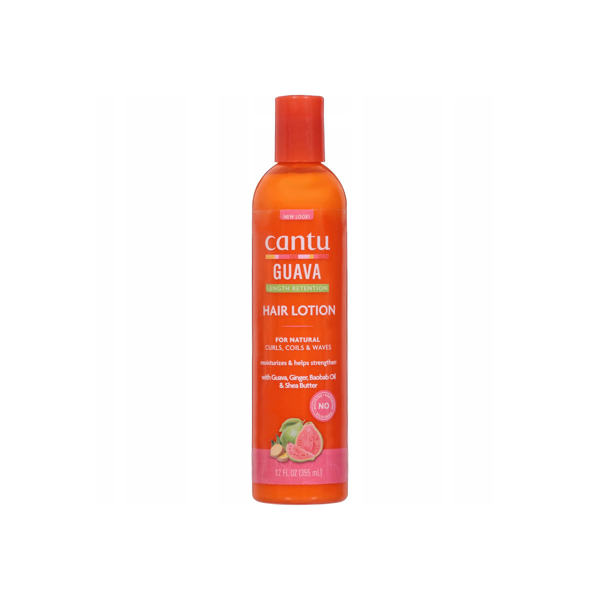 Orange bottle with red top containing Cantu Guava & Ginger Baobab Oil Daily Hair Lotion.