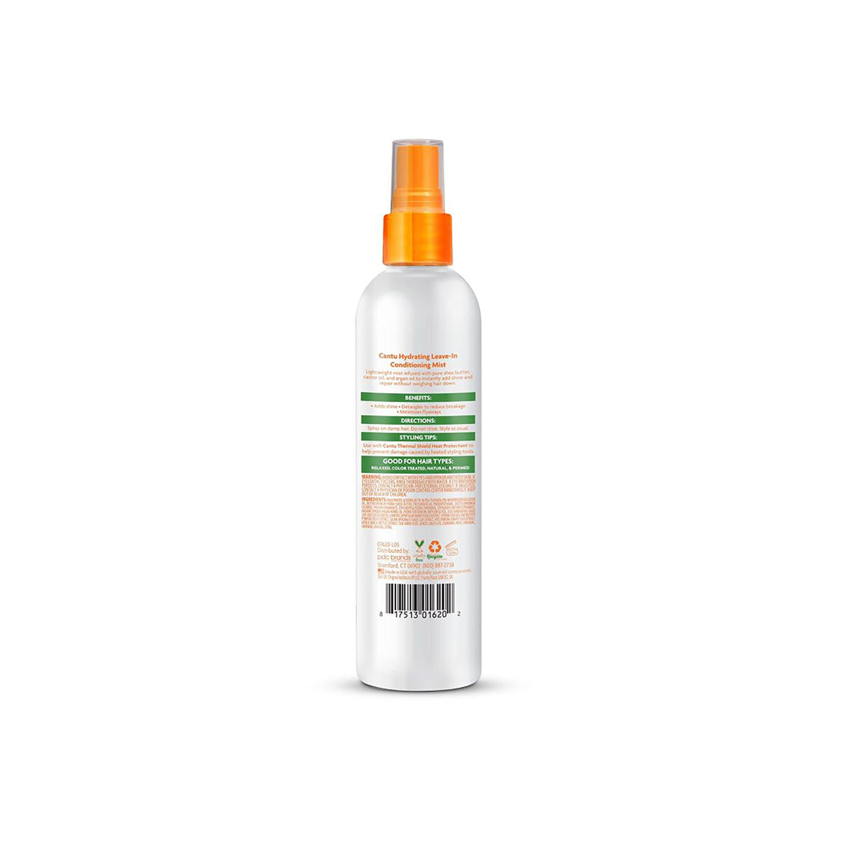 The back of a white bottle with an orange spray head containing Cantu Shea Butter Hydrating Leave-In Conditioning Mist.