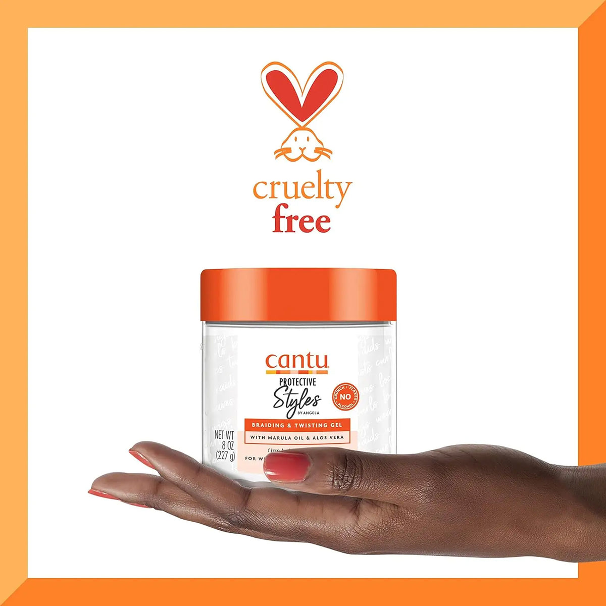 One hand holds a container of Cantu Protective Styles Braiding & Twisting Gel.