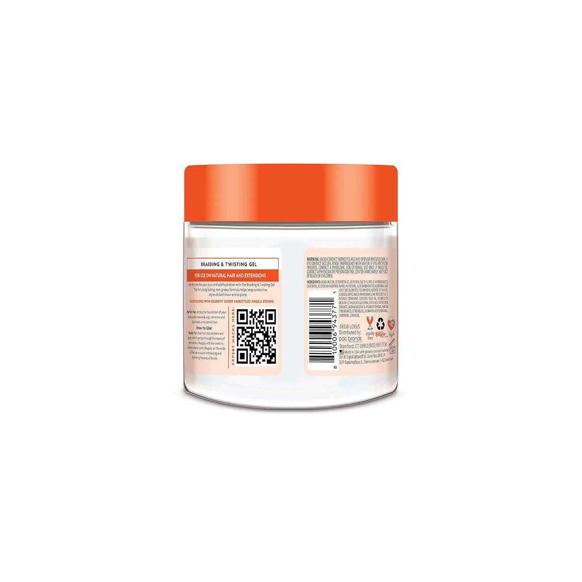 Close-up of the label on the back of Cantu Braiding & Twisting Gel showing ingredients and directions for use.