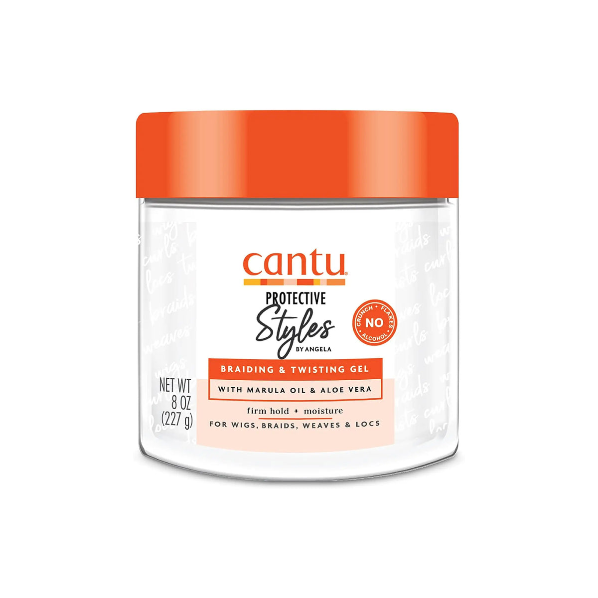 Clear container with orange lid containing Cantu Protective Styles Braiding & Twisting Gel.