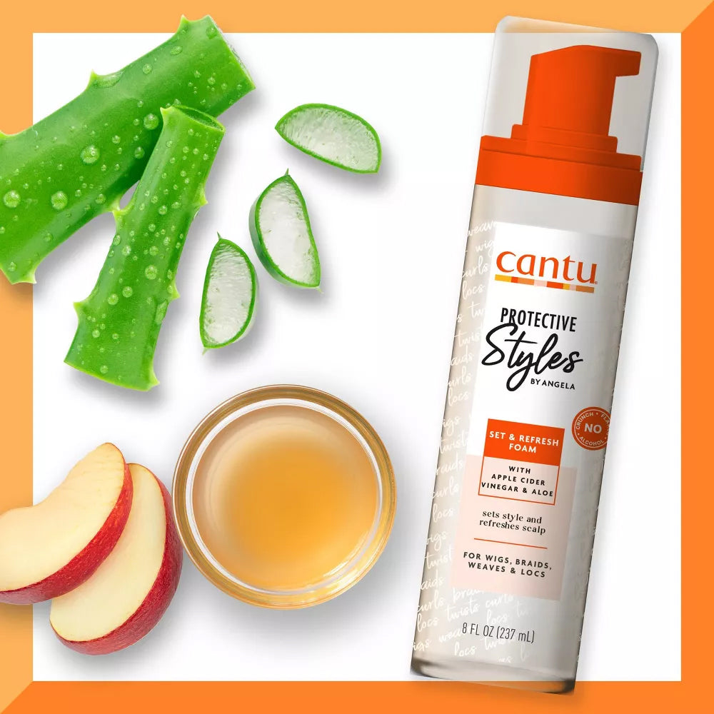Image of Cantu Protective Style foam flanked by aloe vera and apple cider vinegar, its main ingredients.