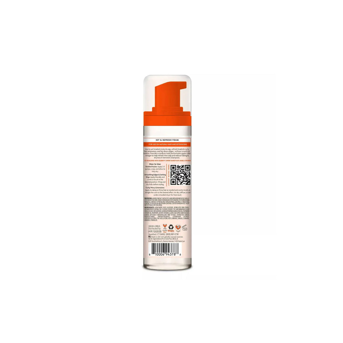 The label on the back of Cantu Protective Styles Set & Refresh Foam lists ingredients and directions for use.