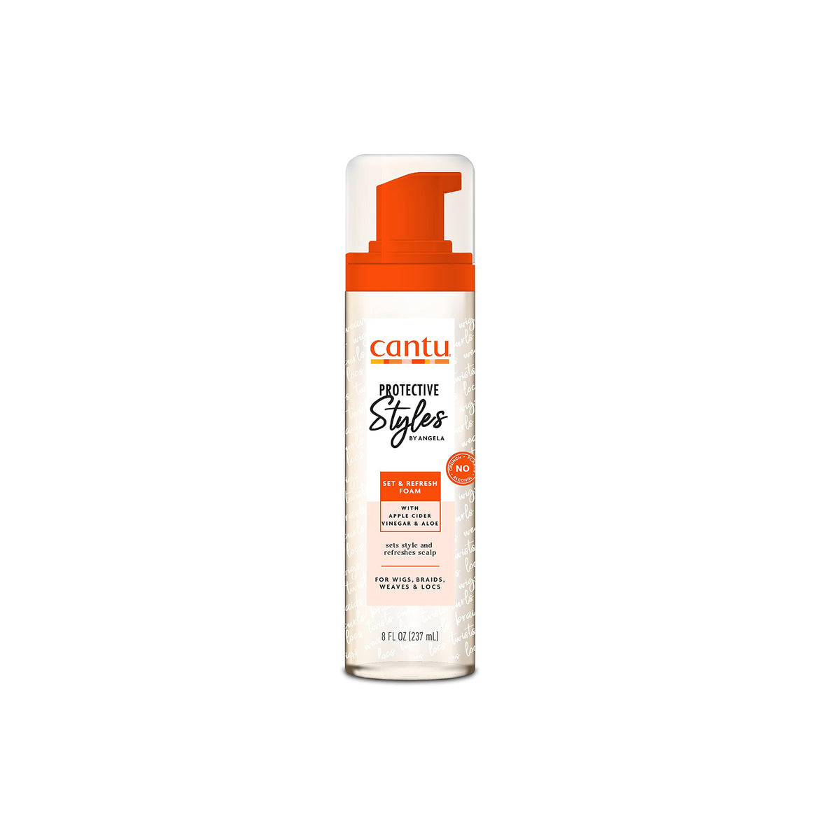 White bottle with orange pump containing Cantu Protective Styles Set & Refresh Foam.