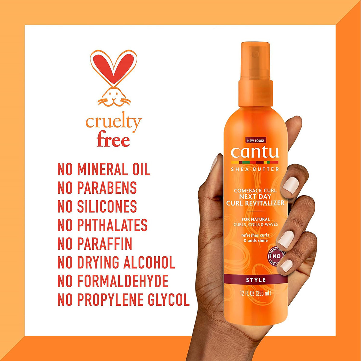 Hand holding Cantu Shea Butter Comeback Curl Revitalizer highlights "free from" ingredients.