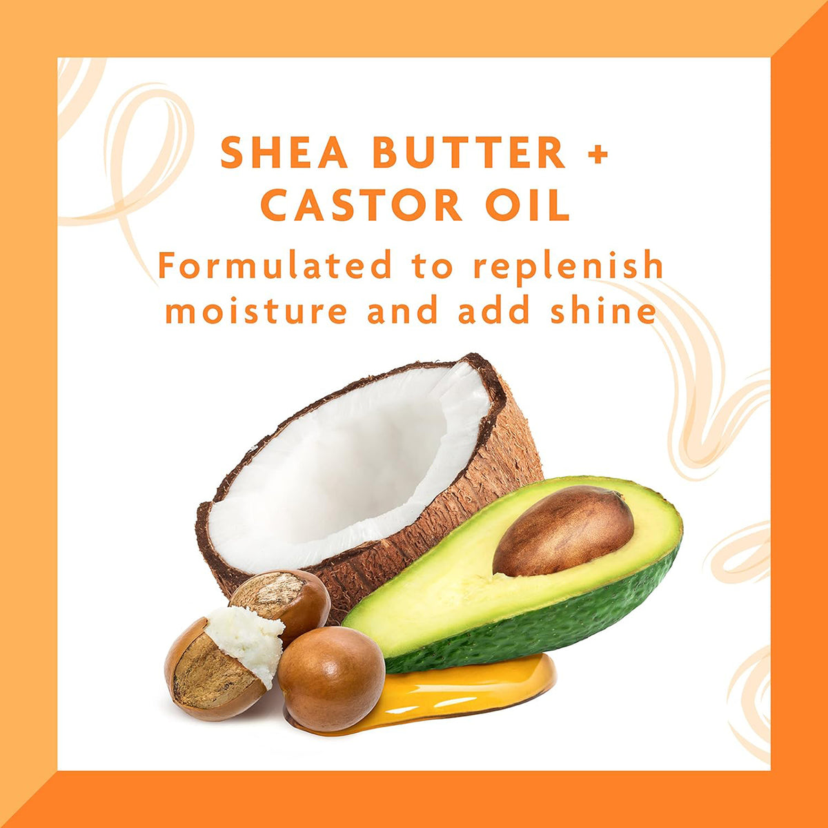 Image showing Shea Butter, Castor Oil and Avocado, which are ingredients in Cantu Shea Butter Comeback Curl Revitalizer.