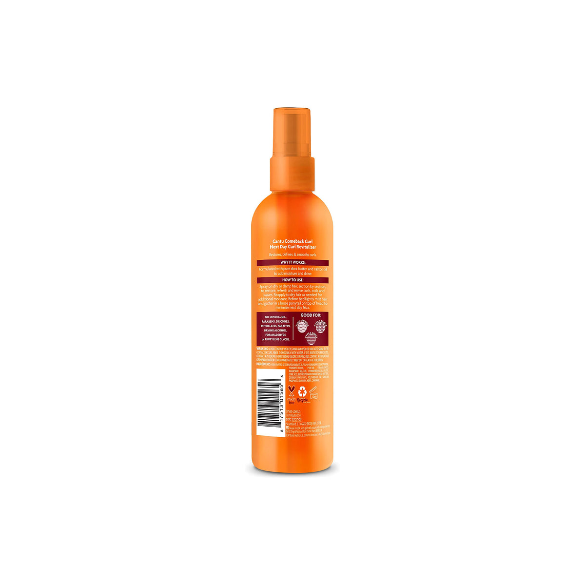 The label on the back of the Cantu Shea Butter Comeback Curl Revitalizer lists ingredients, directions for use and additional information.
