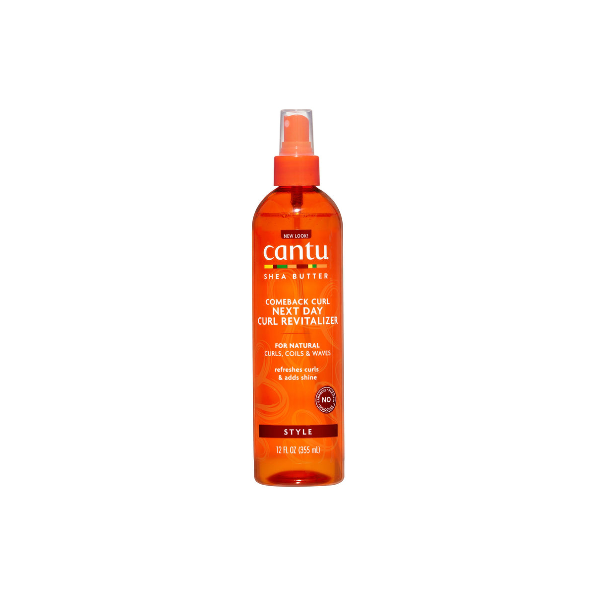 Orange spray bottle with Cantu Shea Butter Comeback Curl Next Day Curl Revitalizer.