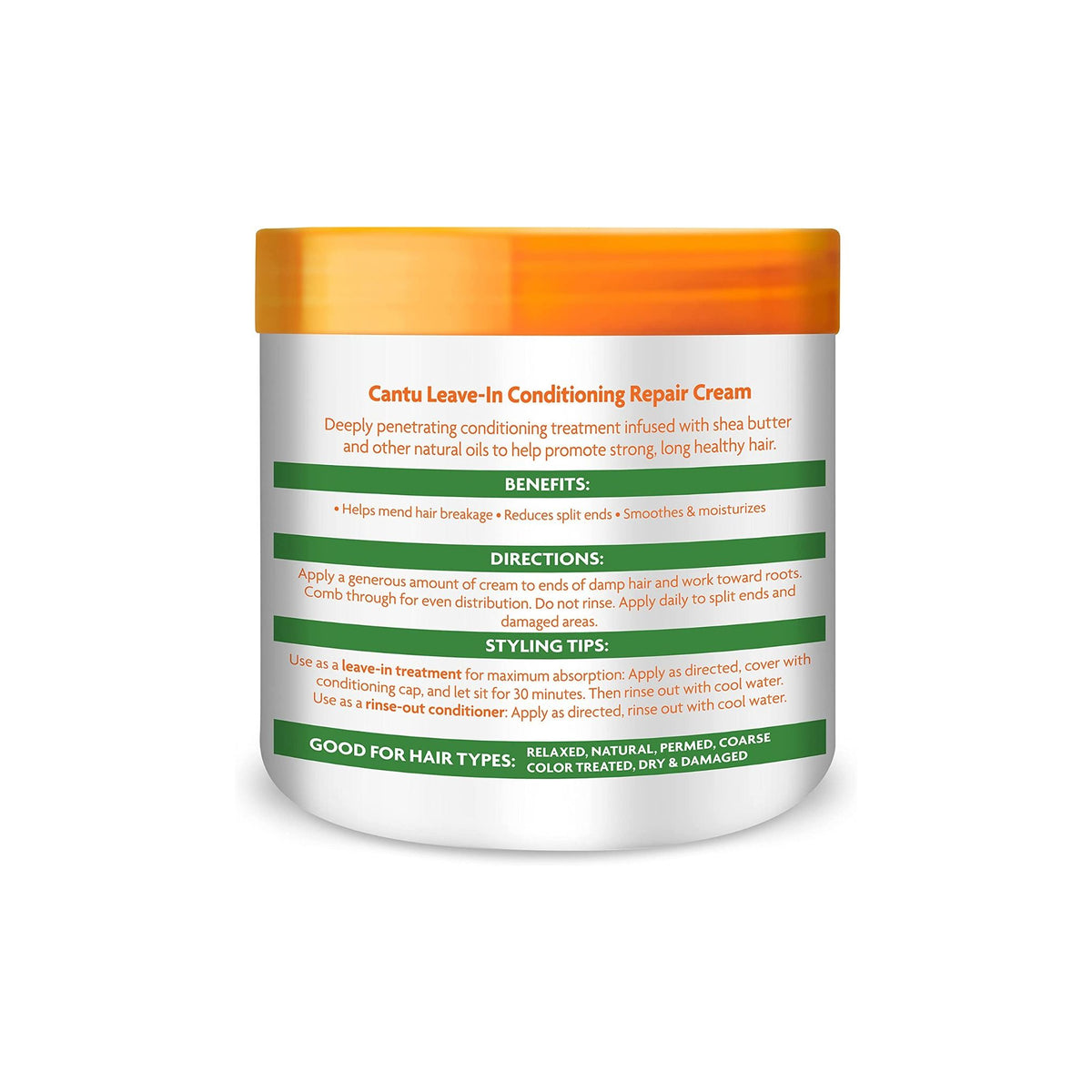 Back of Cantu Leave-In Conditioning Repair Cream with instructions for use and ingredients.