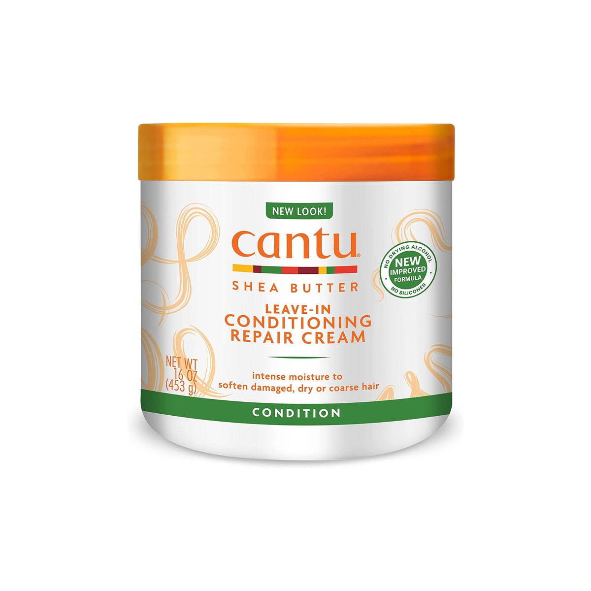 White container with orange lid containing Cantu Shea Butter Leave-In Conditioning Repair Cream.