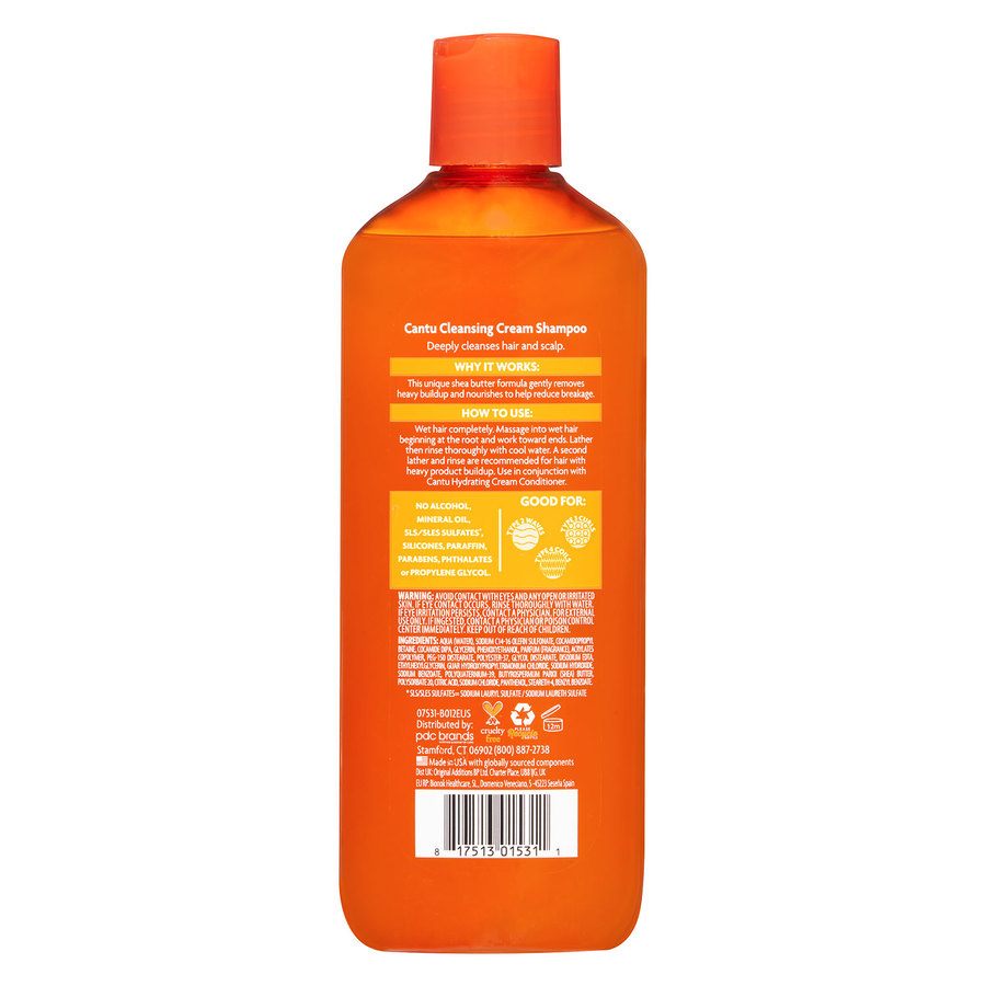  The back of Cantu Shea Butter Sulfate-Free Cleansing Cream Shampoo (400 ml) shows instructions for use and ingredients.