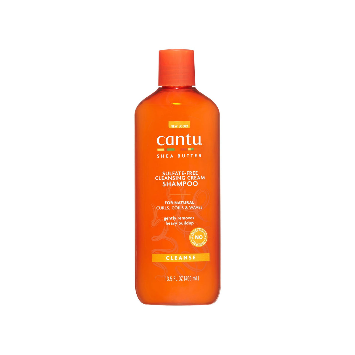 Orange bottle of Cantu Shea Butter Sulfate-Free Cleansing Cream Shampoo (400 ml) for natural curls, coils and waves.