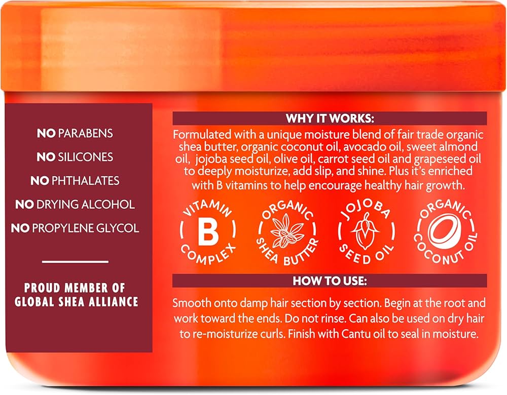 The back of the Cantu Shea Butter Coconut Curling Cream (340g) jar with information on ingredients (shea butter, coconut oil etc.), instructions for use and benefits (without parabens, silicones etc.).