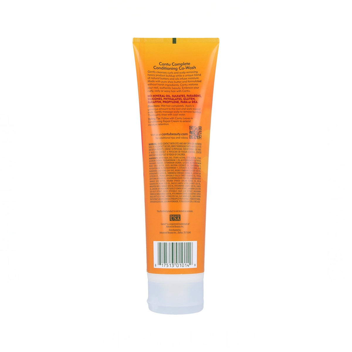 Back of Cantu Shea Butter Complete Conditioning Co-Wash (283g) orange tube with ingredients list and instructions for use.