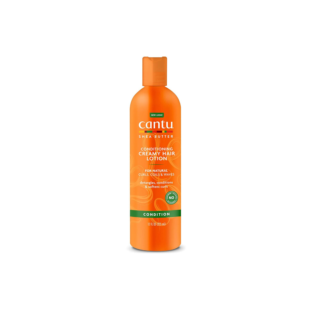 Orange bottle of Cantu Shea Butter Conditioning Creamy Hair Lotion. 
