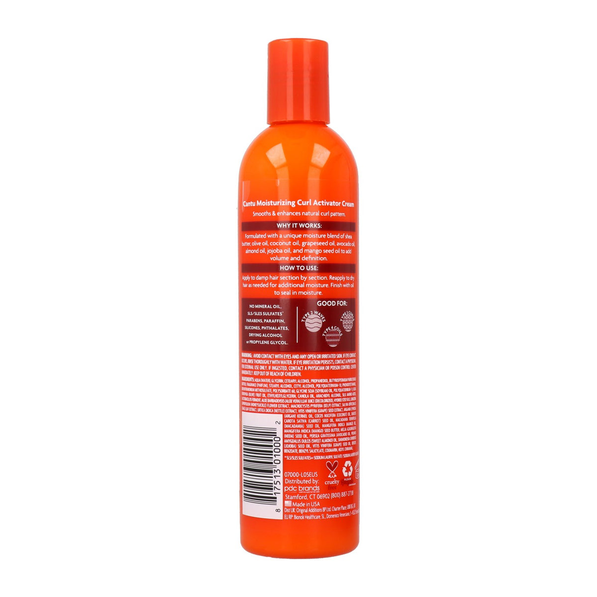 Back of an orange bottle of Cantu Shea Butter Moisturizing Curl Activator Cream. The label contains details about the product, including ingredients, directions for use and warnings.
