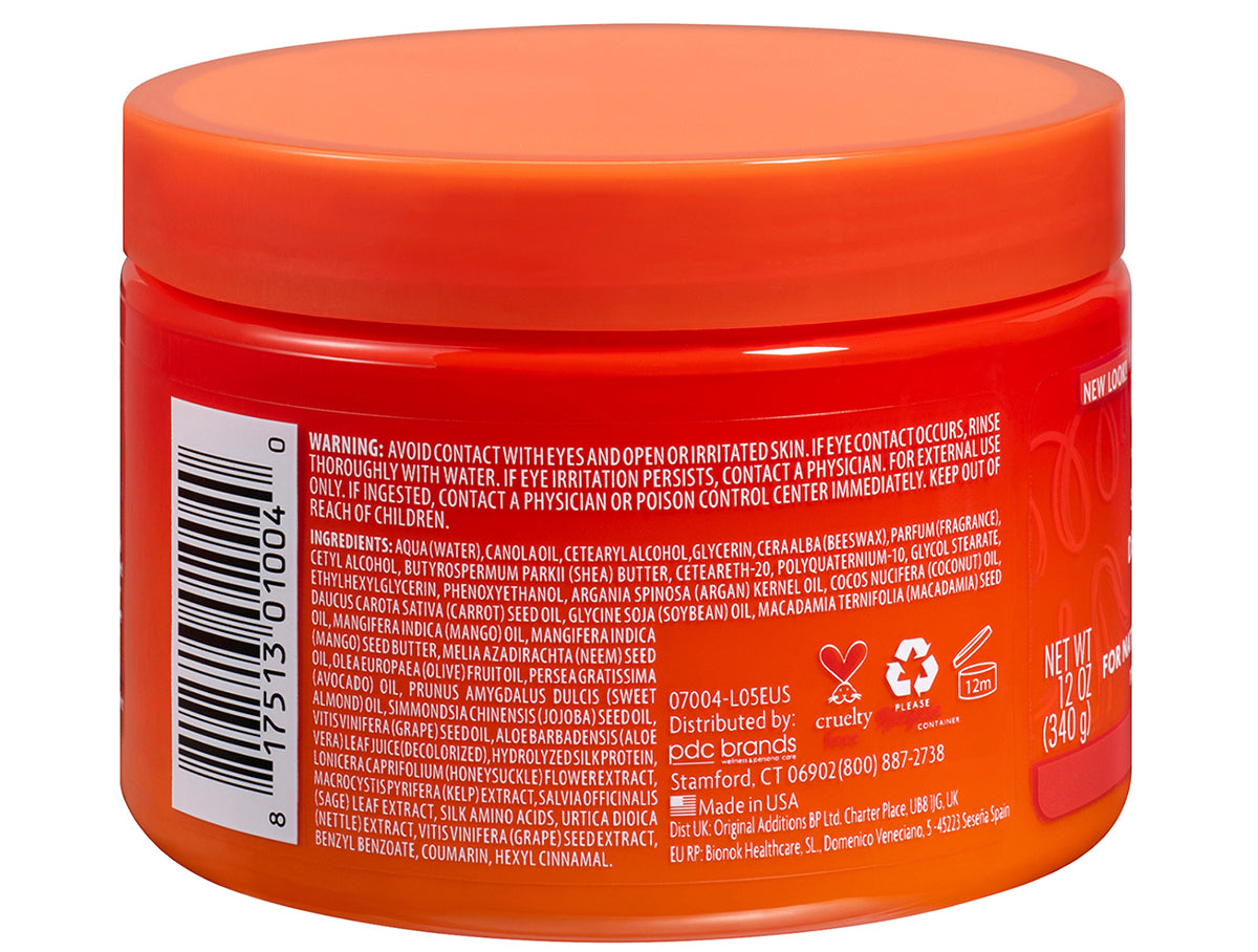 Back of an orange container of Cantu Shea Butter Deep Treatment Masque. Contains important information about ingredients.