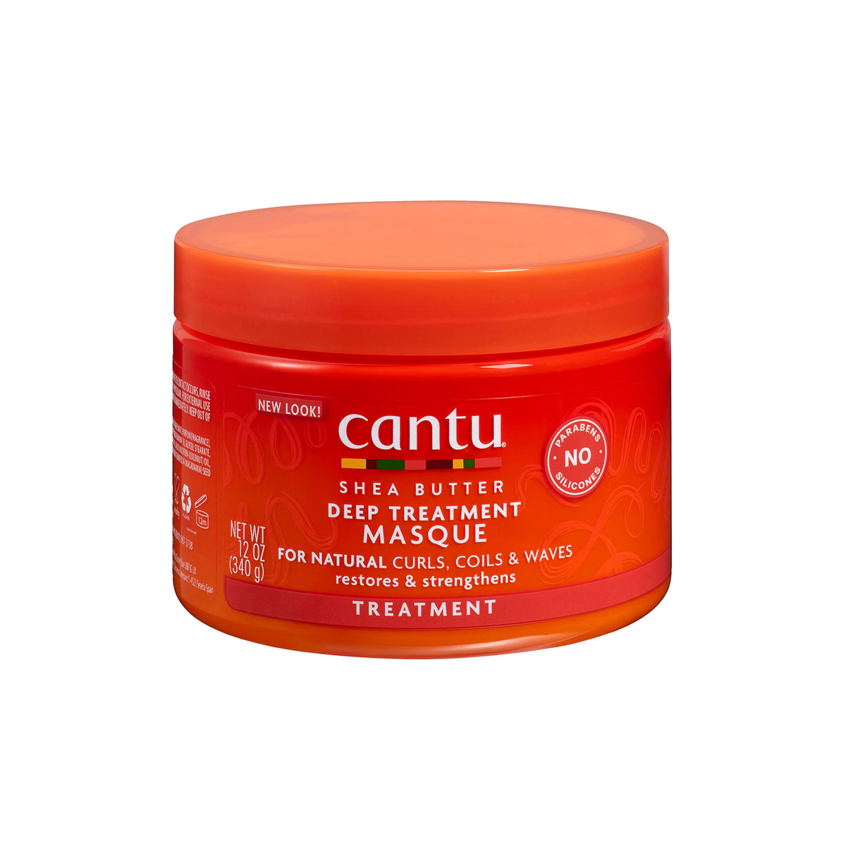 An orange plastic container with a label containing Cantu Shea Butter Deep Treatment Masque for curly hair.