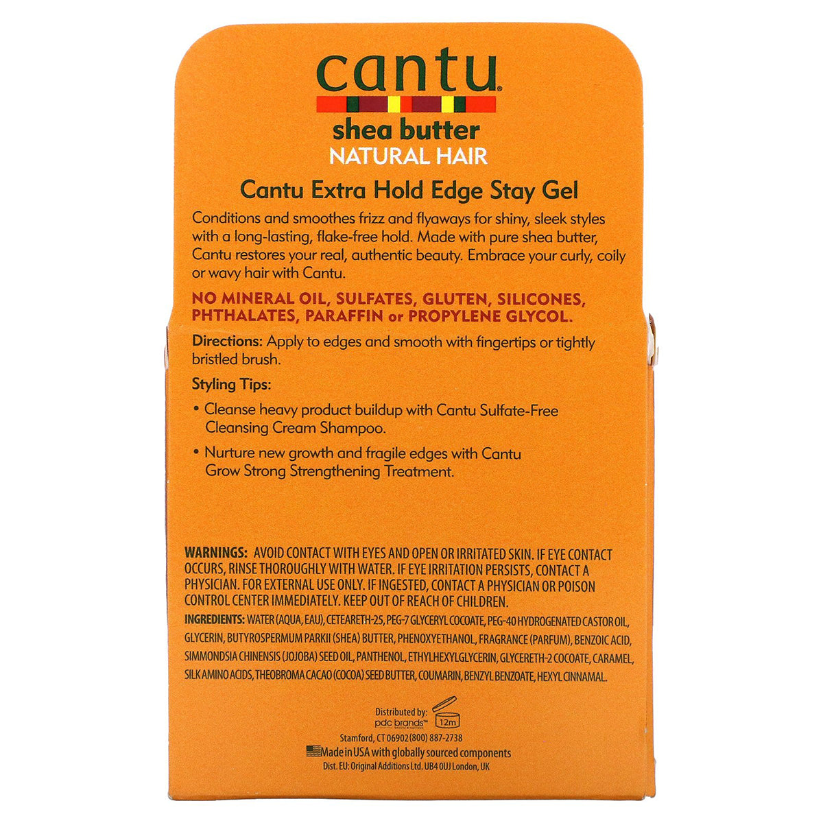Detailed label on the back of Cantu Shea Butter Extra Hold Edge Stay Gel showing ingredients, directions for use, warnings and "free from" list.