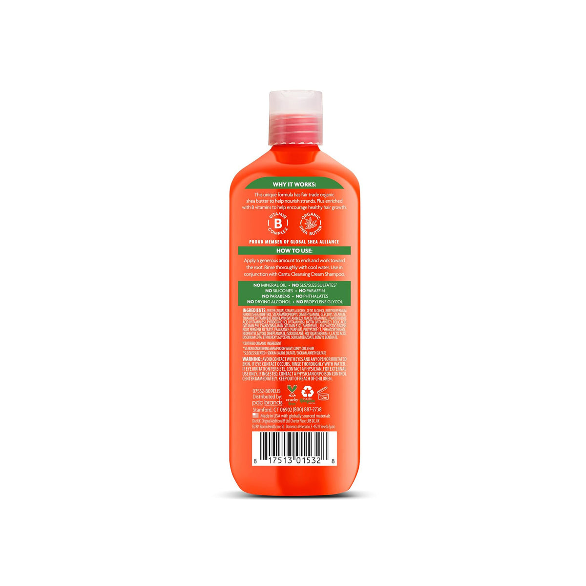 Back of orange bottle of Cantu Shea Butter Hydrating Cream Conditioner showing label with text.