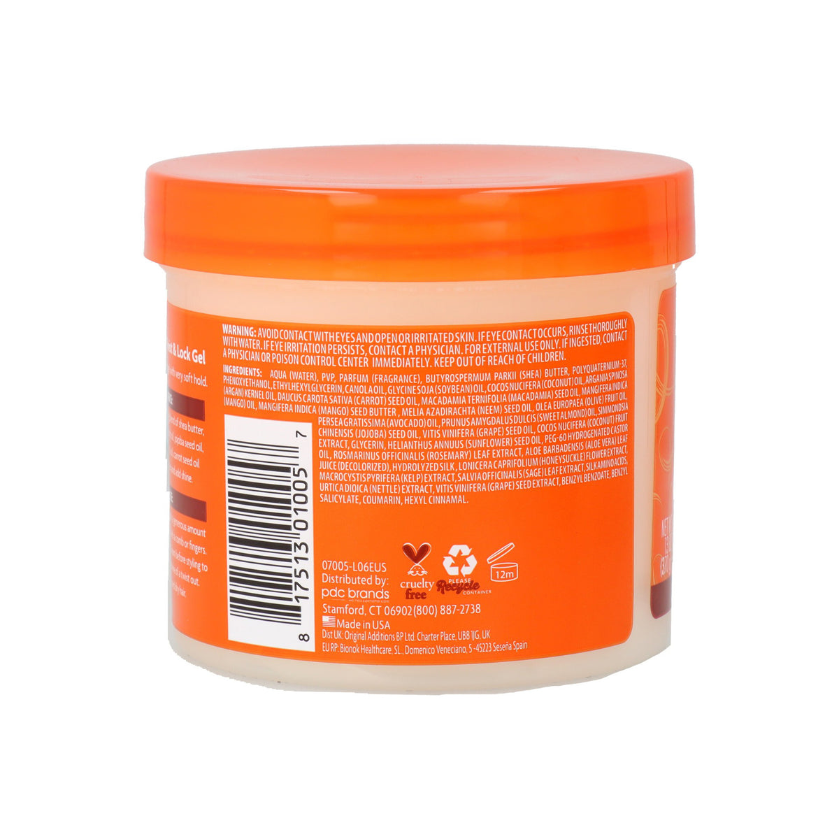 Back of a clear container with an orange lid, Cantu Shea Butter Moisturizing Twist & Lock Gel, with close text on the label.