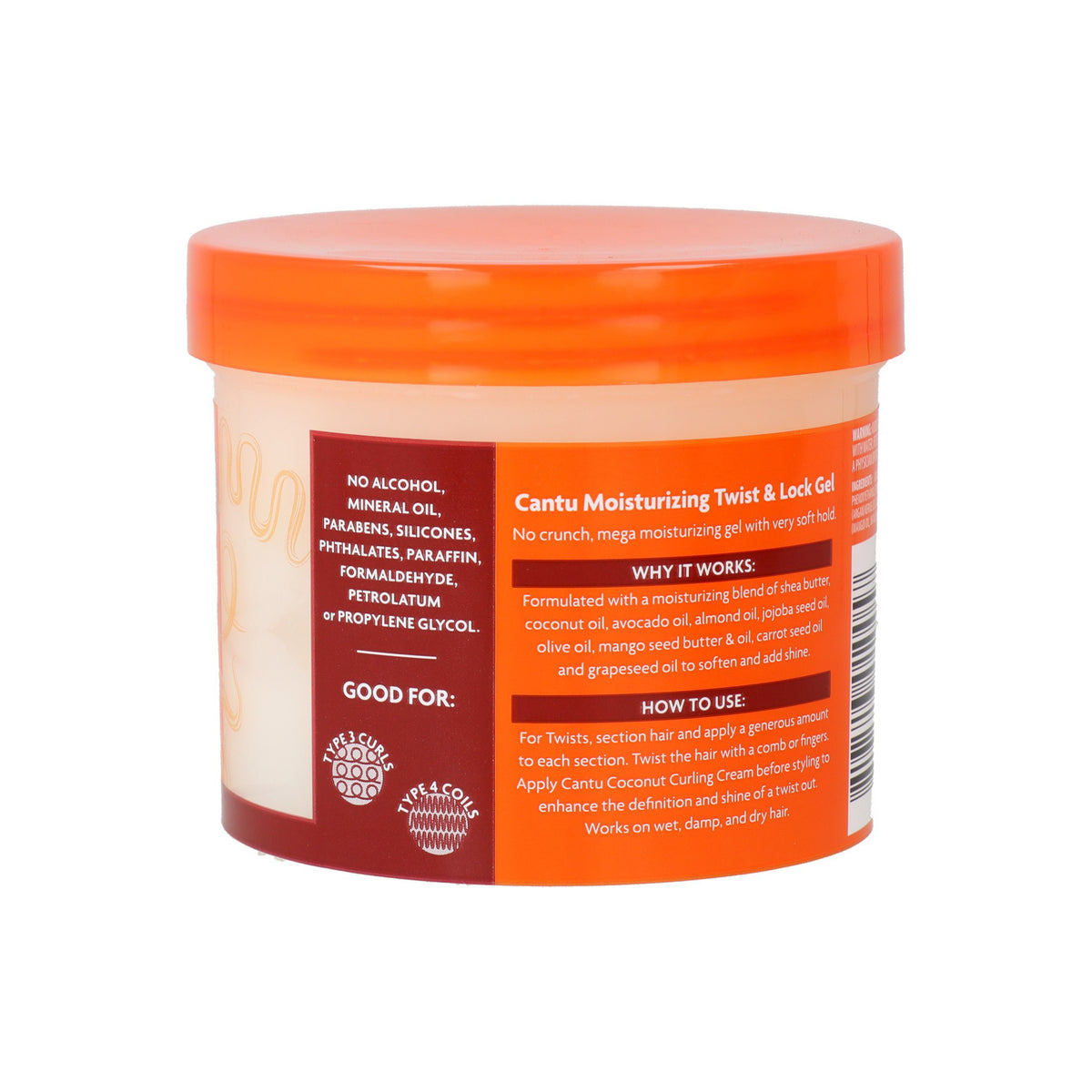 Back of Cantu Shea Butter Moisturizing Twist & Lock Gel showing ingredients and directions for use.
