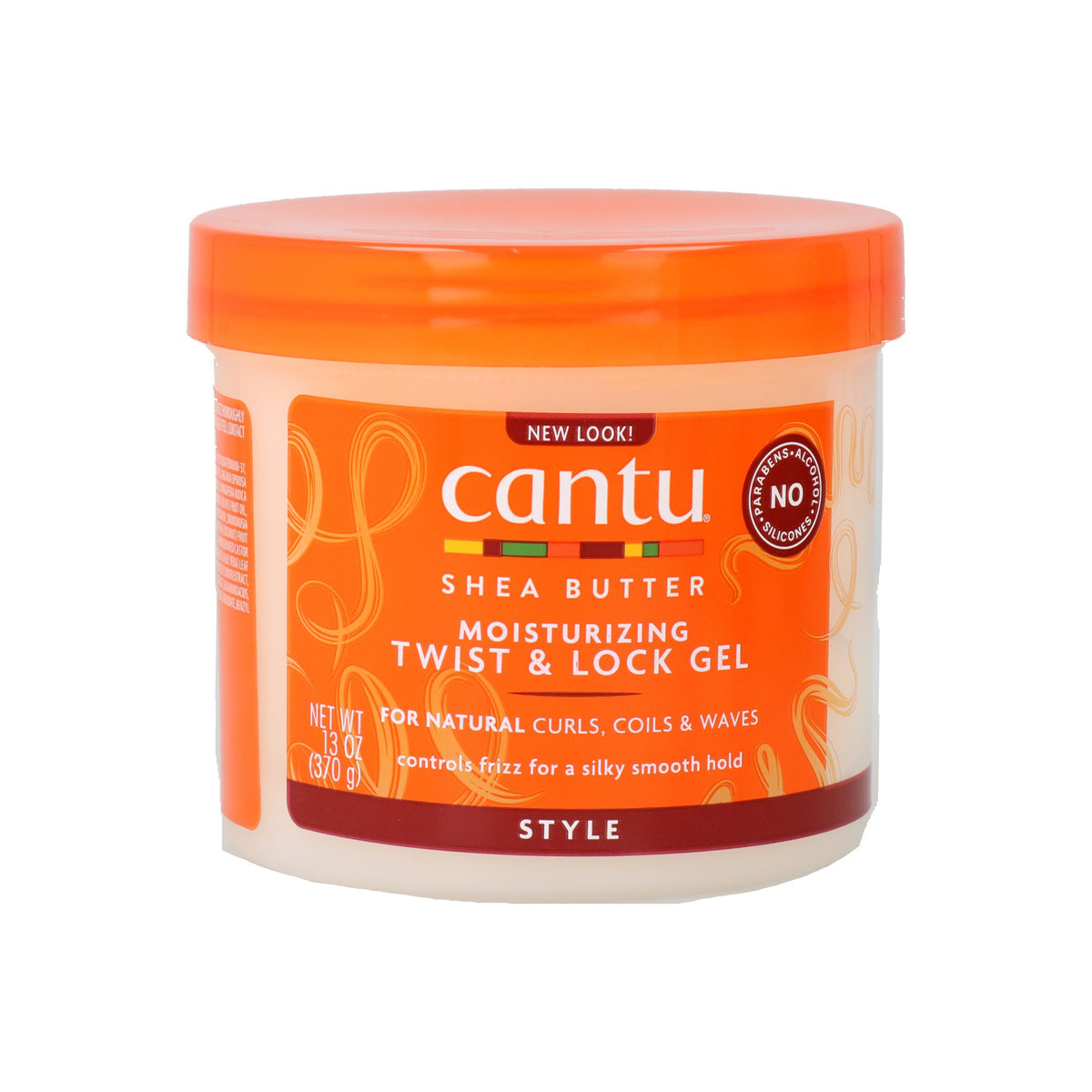 Plastic container with Cantu Shea Butter Moisturizing Twist & Lock Gel.