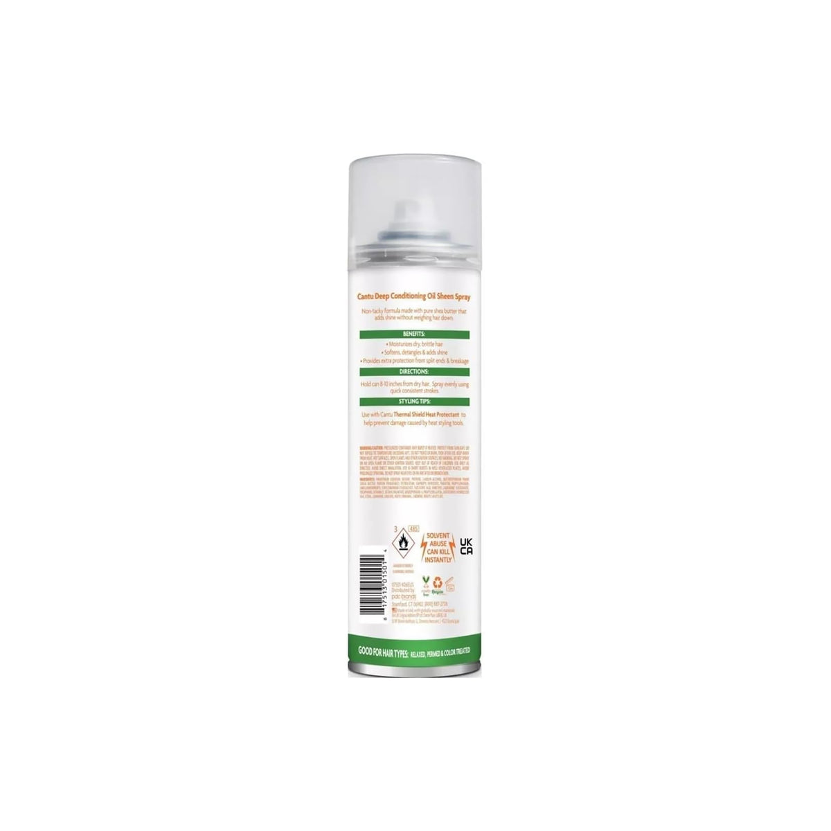 Back of spray bottle of Cantu Shea Butter Oil Sheen Deep Conditioning Spray showing ingredients and directions for use.
