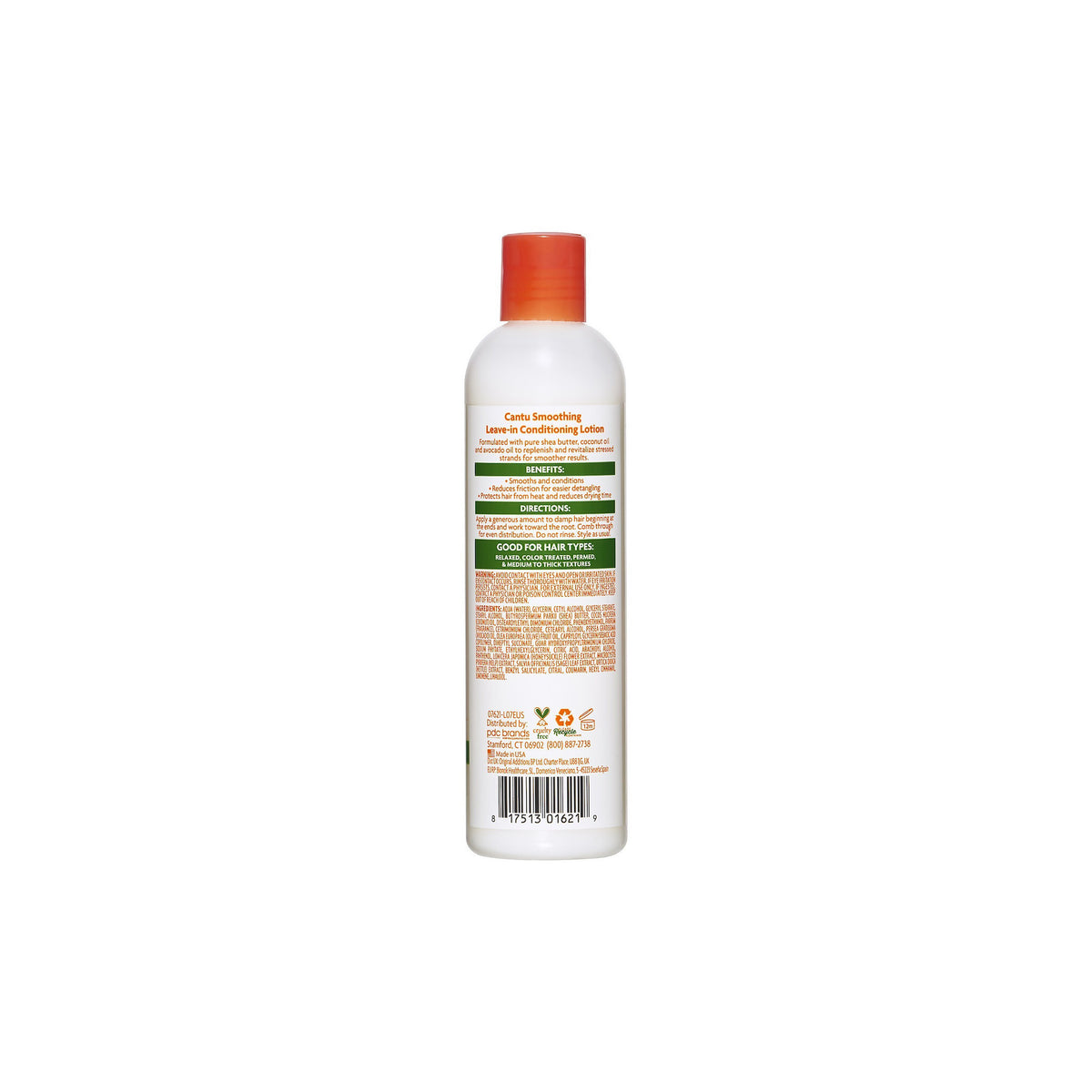 Back of bottle of Cantu Shea Butter Smoothing Leave-In Conditioning Lotion showing ingredients and directions for use.