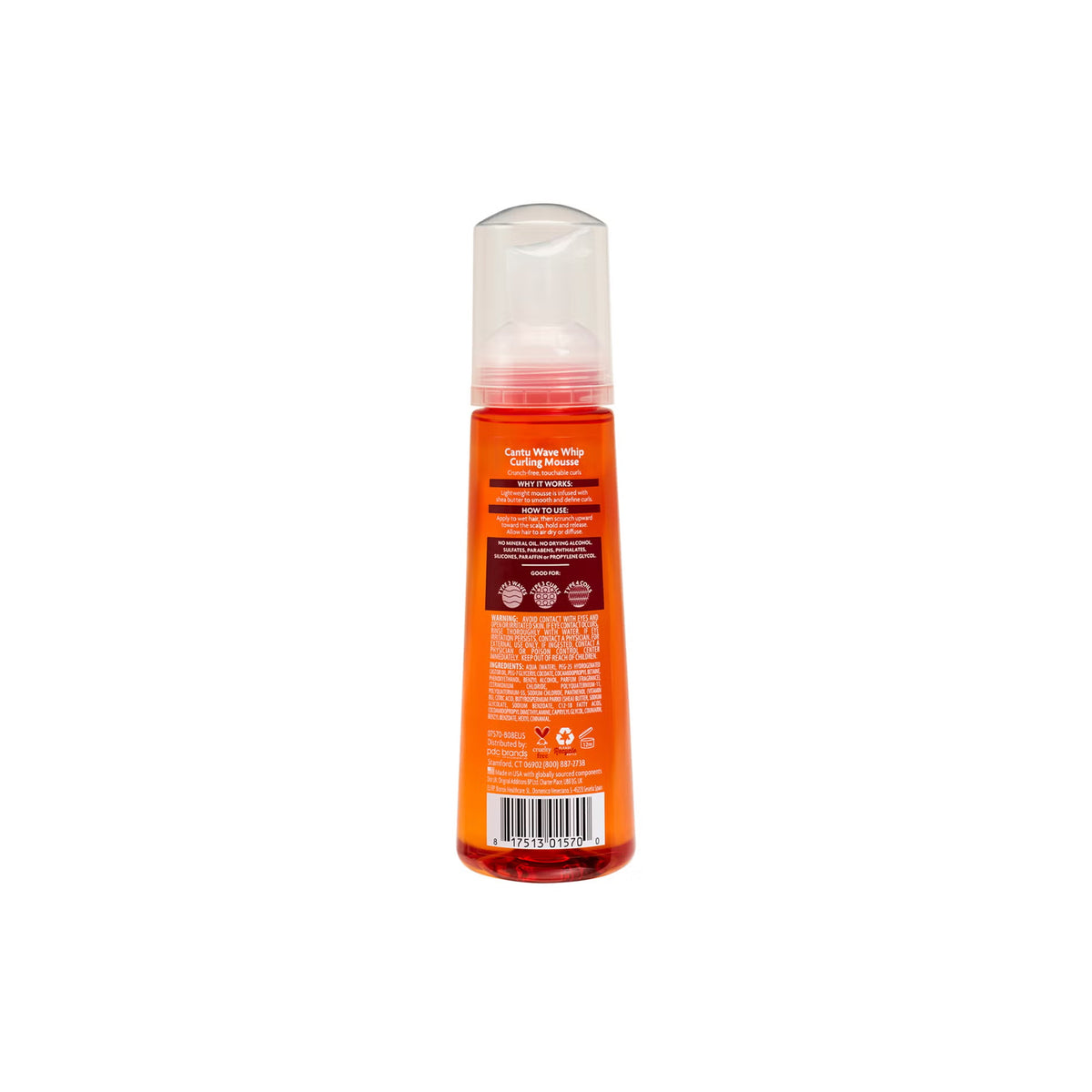 Back of bottle of Cantu Shea Butter Wave Whip Curling Mousse showing ingredients and directions for use.
