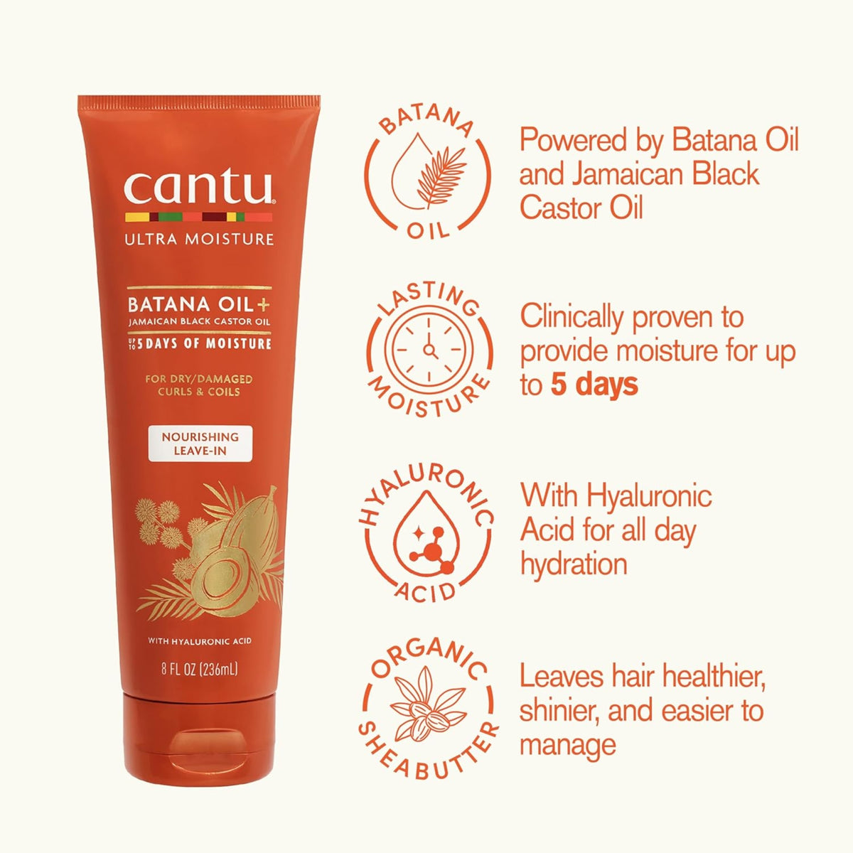 Cantu Ultra Moisture Batana Oil leave-in cream in orange tube with icons of batana oil, moisture, hyaluronic acid and shea butter.