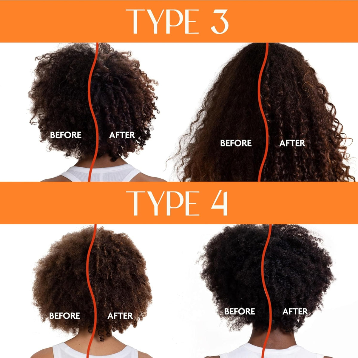 Before and after comparison of curly hair type 3 and type 4 clearly shows more defined and moist curls after use.