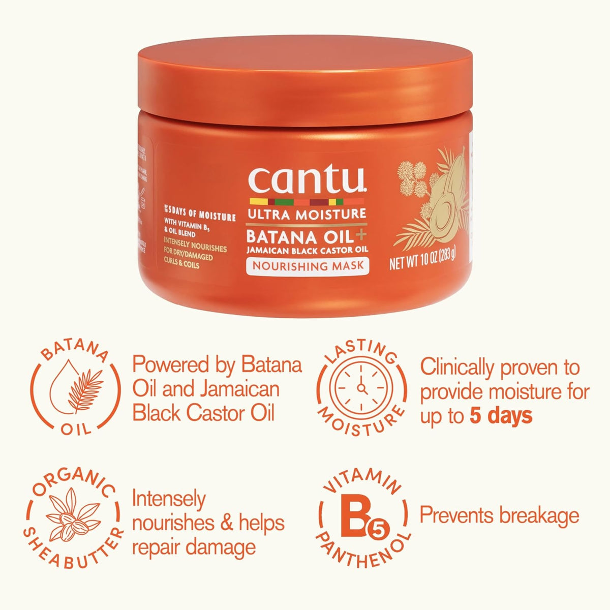 Cantu Ultra Moisture Batana Oil nourishing mask in orange tin with icons for shea butter, vitamin B5 and moisture for 5 days.