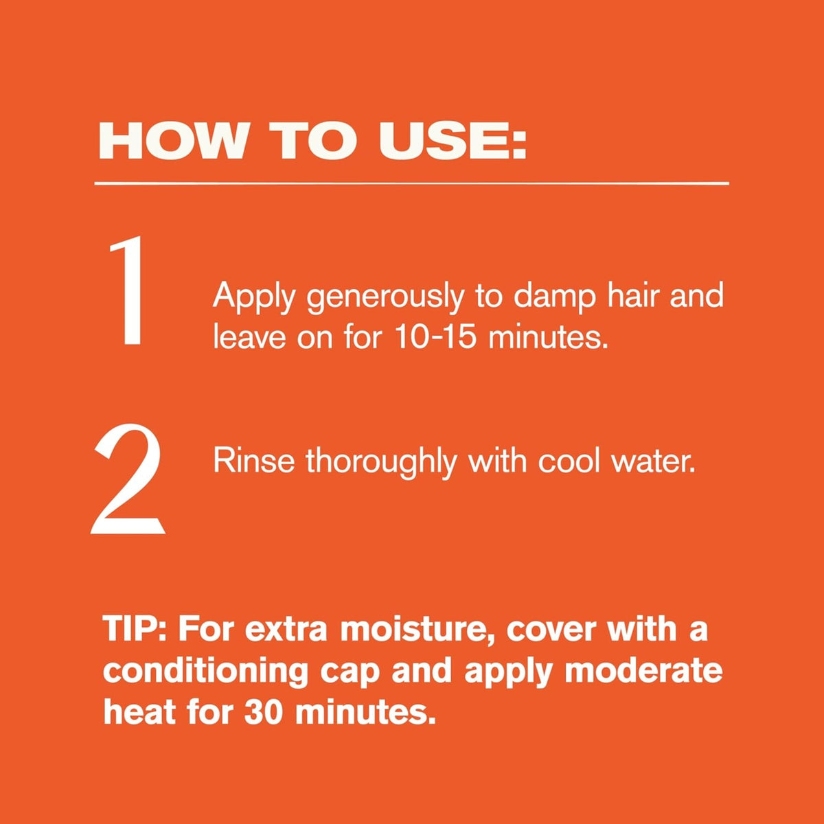 Instructions for use on orange background: apply to damp hair for 10-15 minutes, rinse with cold water, tip on heat cap for 30 minutes.
