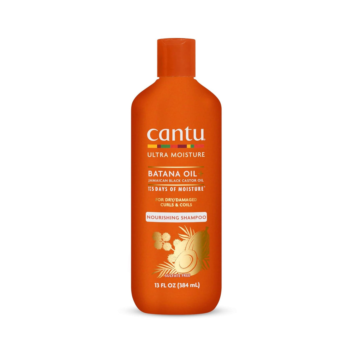 Cantu Ultra Moisture Batana Oil nourishing shampoo, orange bottle of 384 ml with gold motif.