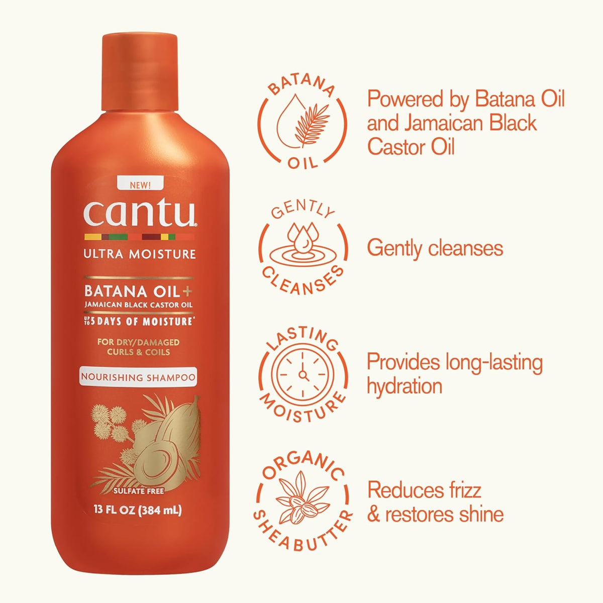 Cantu Ultra Moisture Batana Oil shampoo bottle in orange with icons for moisture, cleansing and shine.