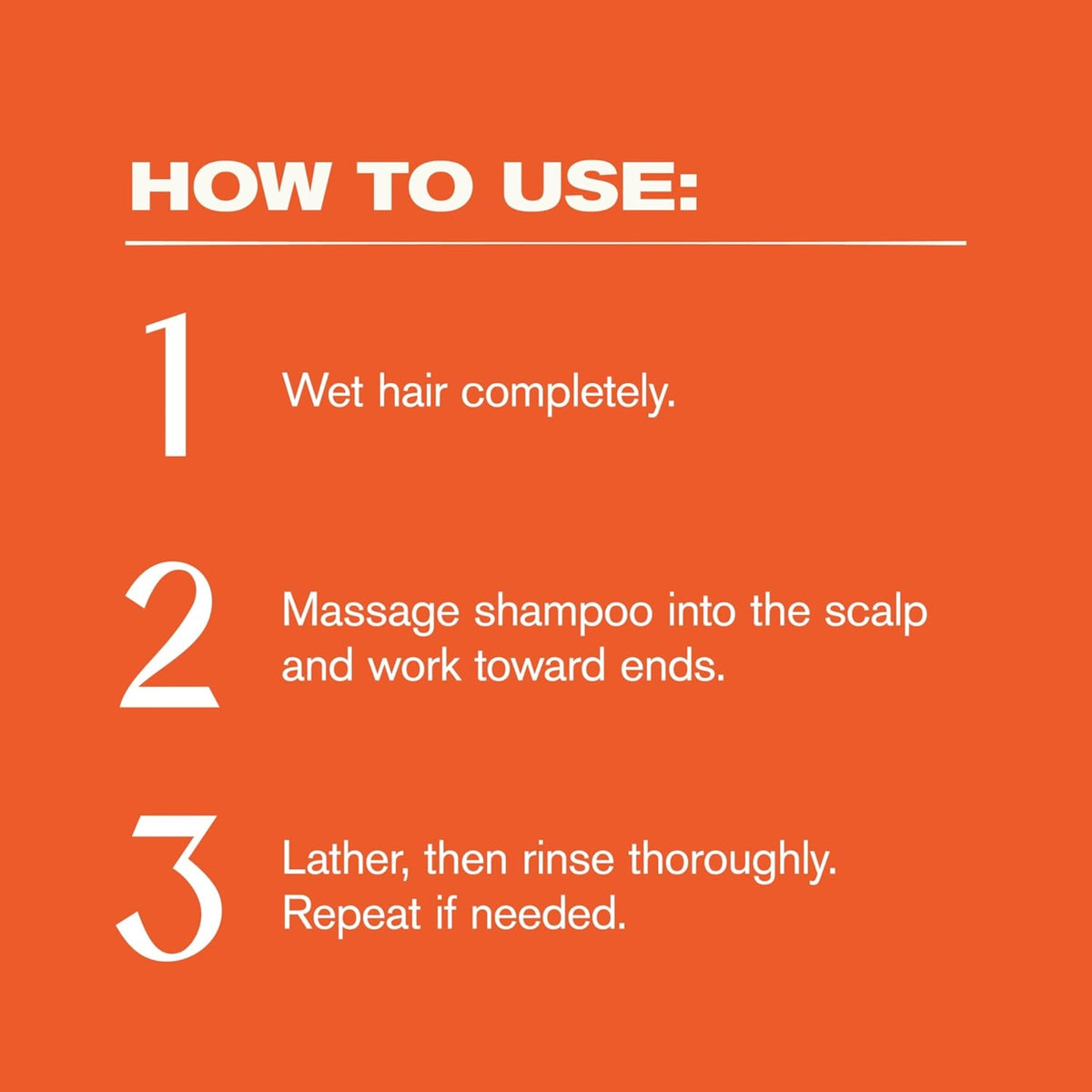 Instructions for use for shampoo in three steps on an orange background: wet hair, massage into scalp and rinse thoroughly.