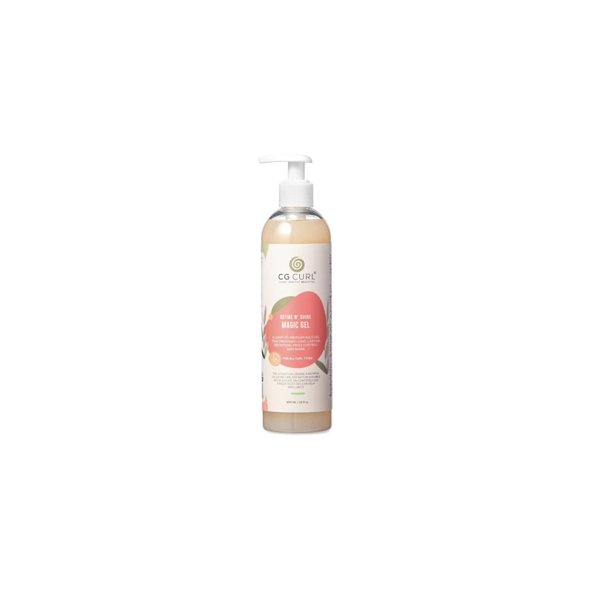 Bottle of CG Curl Define N' Shine Magic Gel with white pump.