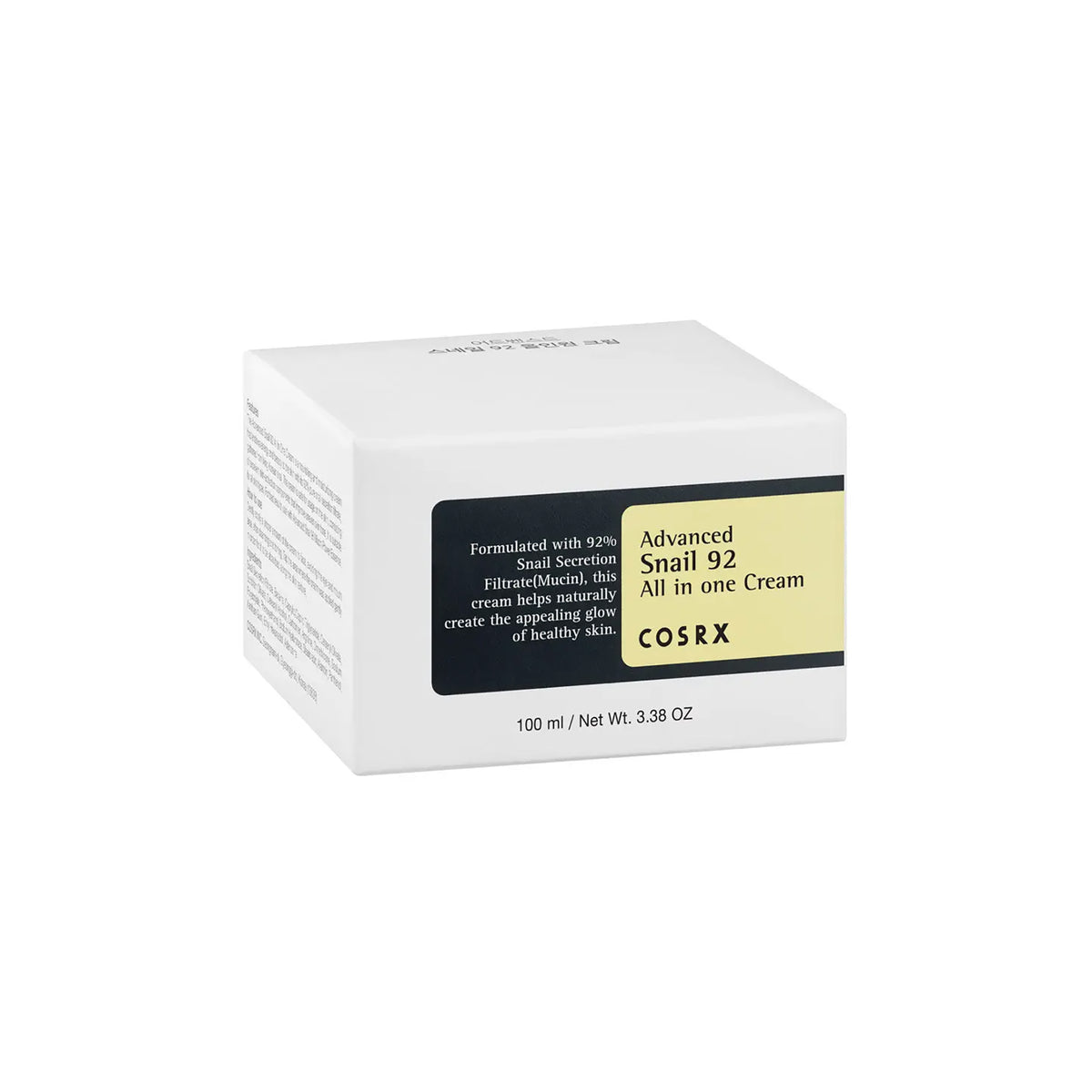 Cosrx Advanced Snail 92 Cream 100gr in white box with black and yellow label, seen against white background.