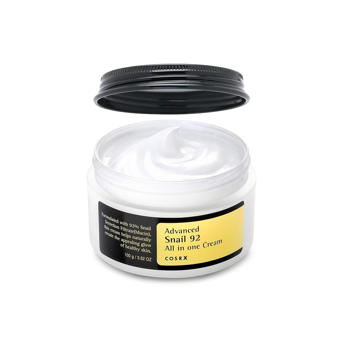 Open jar of Cosrx Advanced Snail 92 Cream 100gr, white moisturizer with shiny texture and black lid.