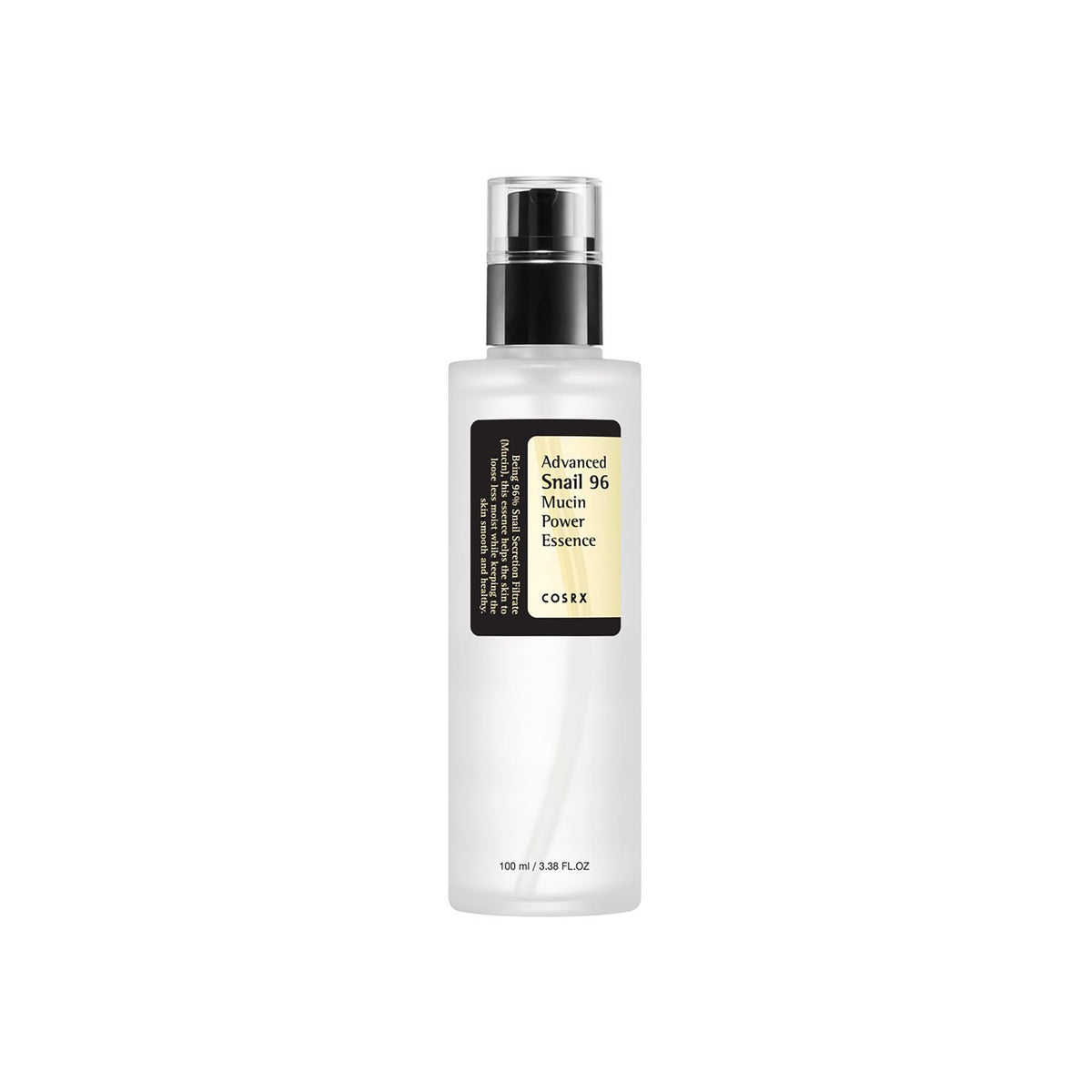 Transparent bottle of Cosrx - Advanced Snail 96 Mucin Power Essence with black and yellow label on white background.