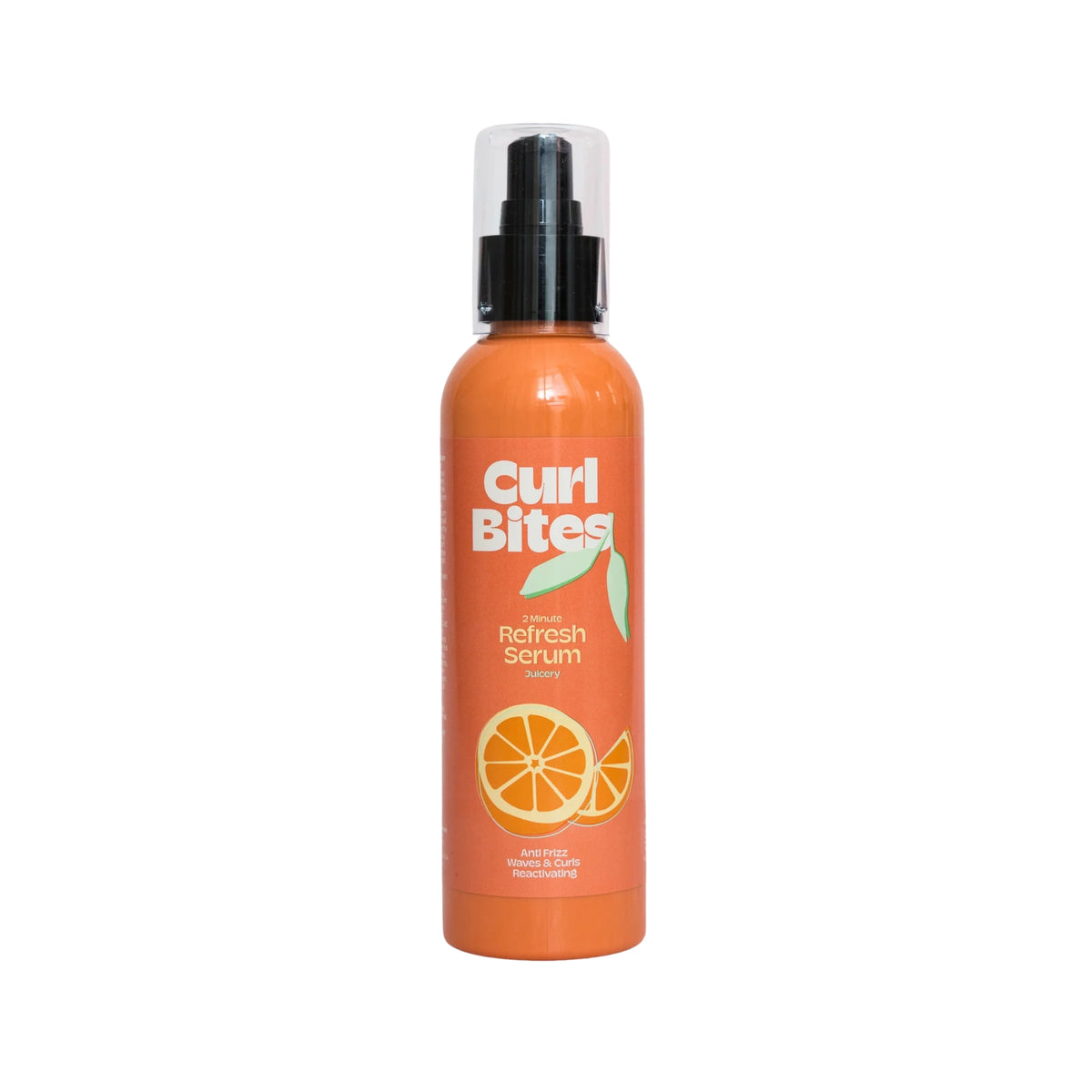 Curl Bites 2 Minute Refresh Serum, orange pump bottle with orange illustration, anti-frizz hair serum.