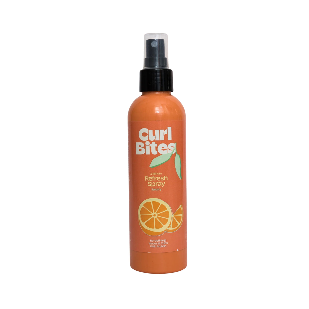 Orange spray bottle with Curl Bites 2 Minute Refresh Spray and orange illustration against a white background.