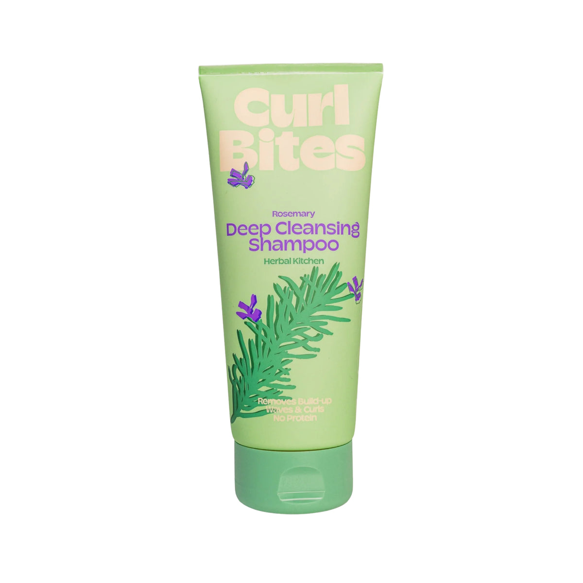 Curl Bites Rosemary Deep Cleansing Shampoo in green tube with rosemary illustration and green cap.