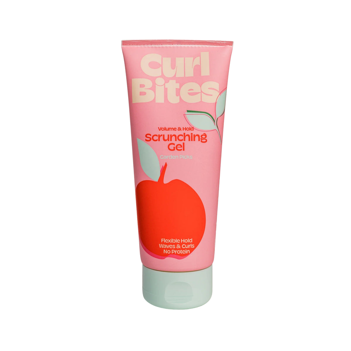Curl Bites Scrunching Gel tube in pink with red apple motif and mint green lid.