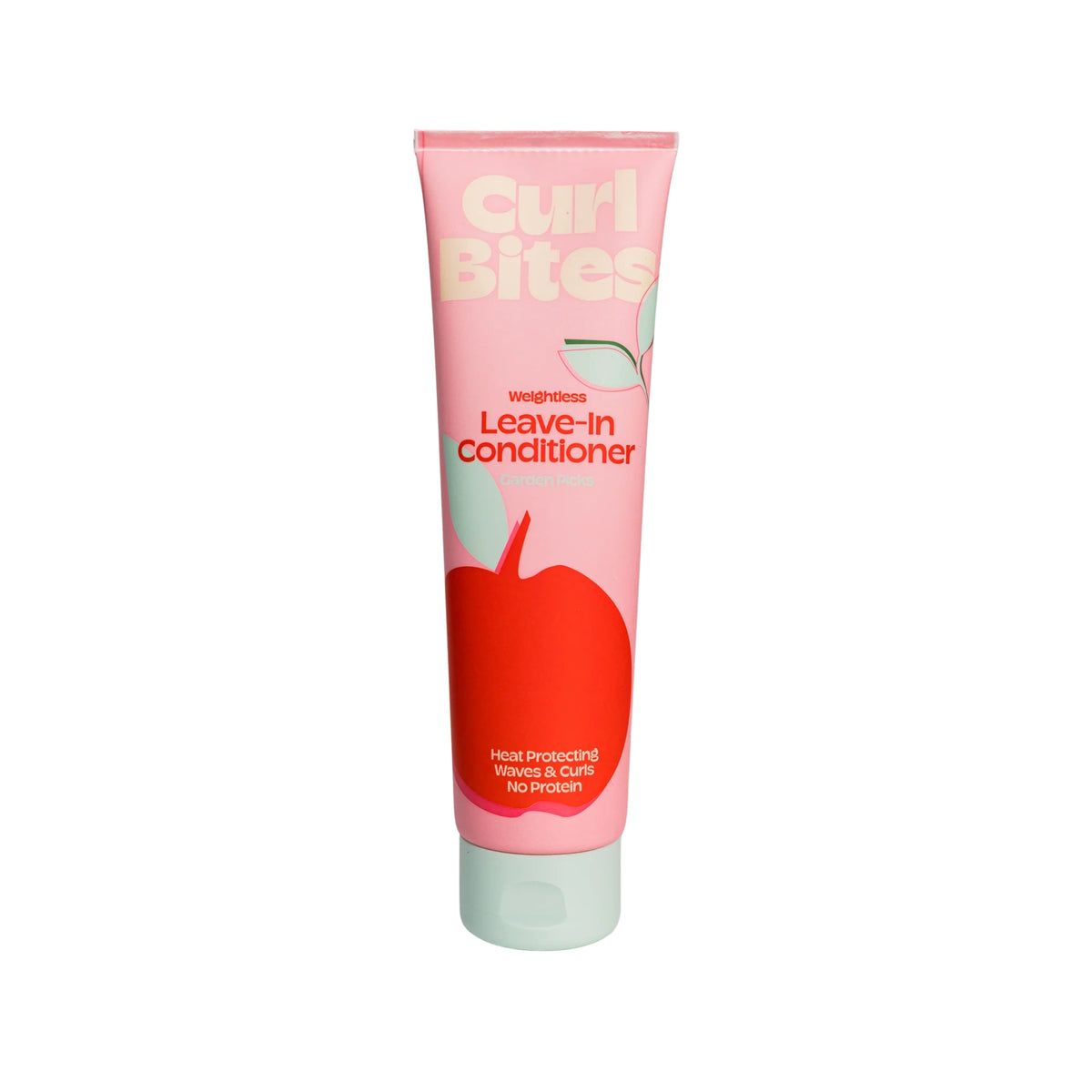 Curl Bites Weightless Leave-In Conditioner in pink tube with red apple and green lid against white background.