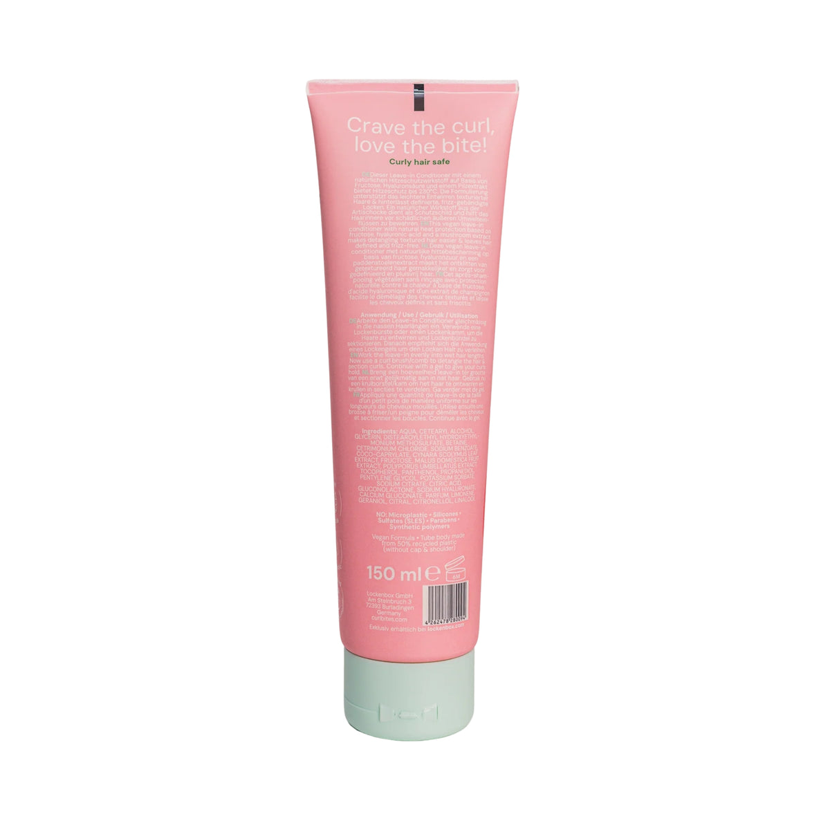 Pink tube Curi Bites leave-in conditioner 150 ml with mint green lid, back with instructions for use.